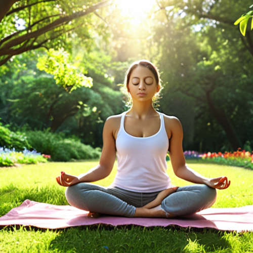 Home 15 **
A person meditating outdoors in a serene park. Sunlight filters through the trees. They are surrounded by lush greenery and colorful flowers. Focus on conveying peace, mindfulness, and connection with nature. Include keywords: meditation, wellness, nature, park, serene, peaceful.
**