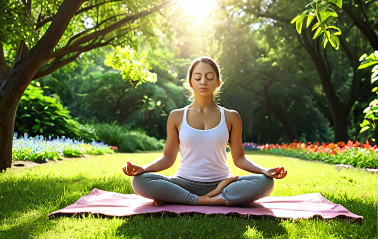 **
A person meditating outdoors in a serene park. Sunlight filters through the trees. They are surrounded by lush greenery and colorful flowers. Focus on conveying peace, mindfulness, and connection with nature. Include keywords: meditation, wellness, nature, park, serene, peaceful.
**