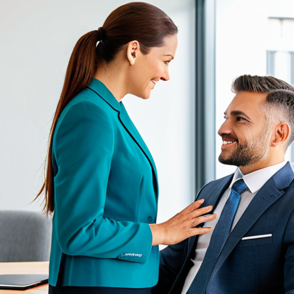 A professional female wellness coordinator, wearing a modest business suit, gently guiding a male client who is dressed in appropriate business casual attire. They are seated at a sleek, modern desk in a brightly lit, contemporary consulting office. The atmosphere is collaborative and supportive, focusing on a personalized well-being plan. The image should convey a sense of trust and professional guidance. perfect anatomy, correct proportions, natural pose, well-formed hands, proper finger count, natural body proportions, safe for work, appropriate content, fully clothed, professional, high quality, professional photography.