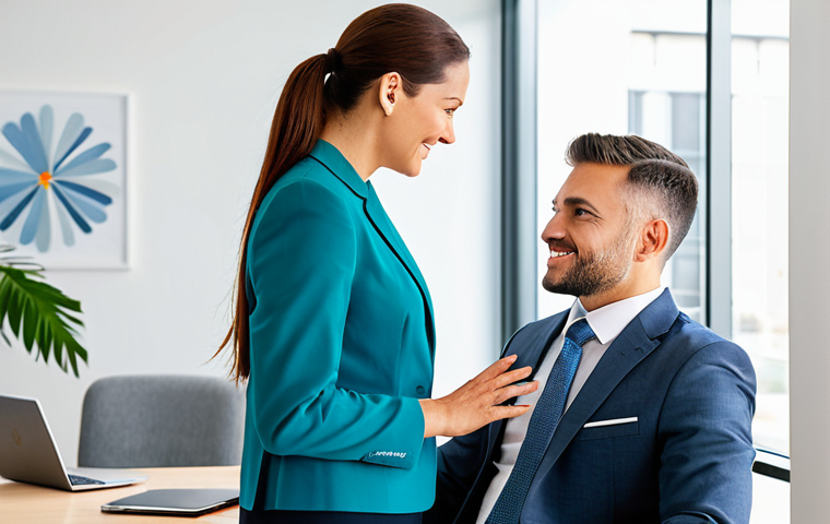 A professional female wellness coordinator, wearing a modest business suit, gently guiding a male client who is dressed in appropriate business casual attire. They are seated at a sleek, modern desk in a brightly lit, contemporary consulting office. The atmosphere is collaborative and supportive, focusing on a personalized well-being plan. The image should convey a sense of trust and professional guidance. perfect anatomy, correct proportions, natural pose, well-formed hands, proper finger count, natural body proportions, safe for work, appropriate content, fully clothed, professional, high quality, professional photography.