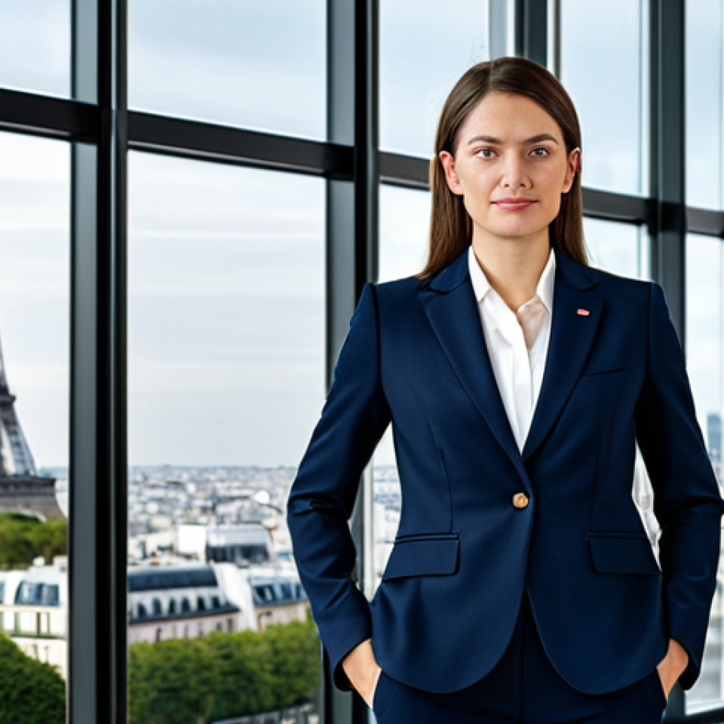 Professional Portrait**

"A confident businesswoman in a tailored navy blue suit, standing in a modern office lobby with large windows overlooking the Parisian skyline, fully clothed, appropriate attire, safe for work, perfect anatomy, natural proportions, professional headshot, high resolution"

**