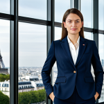 Professional Portrait**

"A confident businesswoman in a tailored navy blue suit, standing in a modern office lobby with large windows overlooking the Parisian skyline, fully clothed, appropriate attire, safe for work, perfect anatomy, natural proportions, professional headshot, high resolution"

**