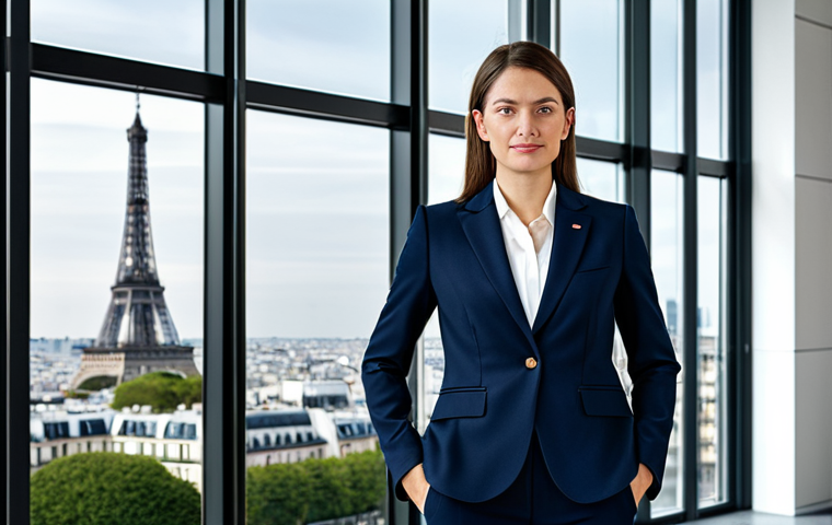 Professional Portrait**
"A confident businesswoman in a tailored navy blue suit, standing in a modern office lobby with large windows overlooking the Parisian skyline, fully clothed, appropriate attire, safe for work, perfect anatomy, natural proportions, professional headshot, high resolution"
**