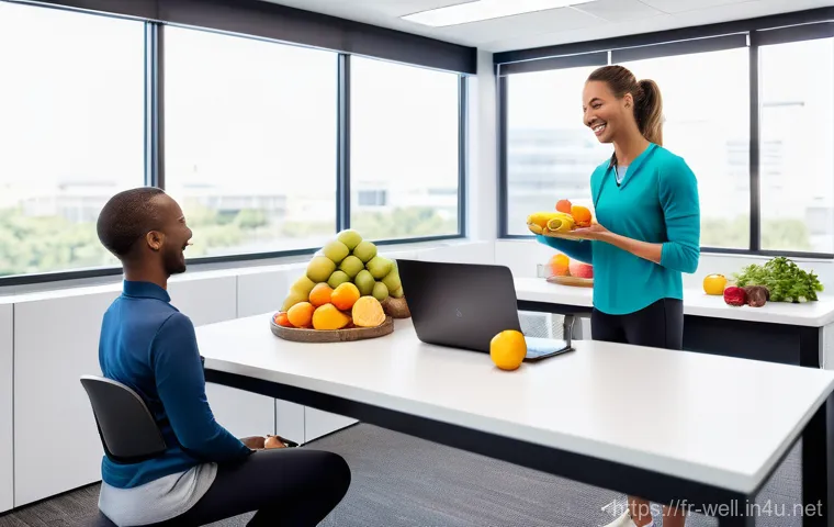 웰빙코디네이터와 건강 프로젝트 성과 - The Engaged Well-being Coordinator**
A vibrant, brightly lit office environment, showcasing a divers...