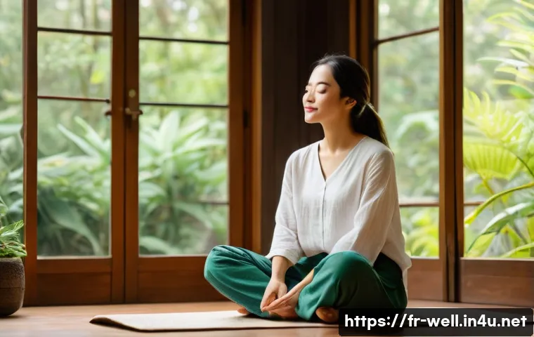 웰빙코디네이터와 심리적 웰빙 - **Prompt:** A serene young woman, in her early 30s, is gracefully seated in a comfortable cross-legg...