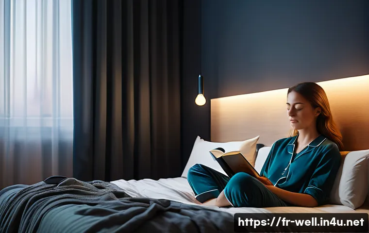 웰빙코디네이터와 생활 습관 개선 - A cozy, modern bedroom scene in a French apartment at dusk, featuring a serene adult woman in comfor...