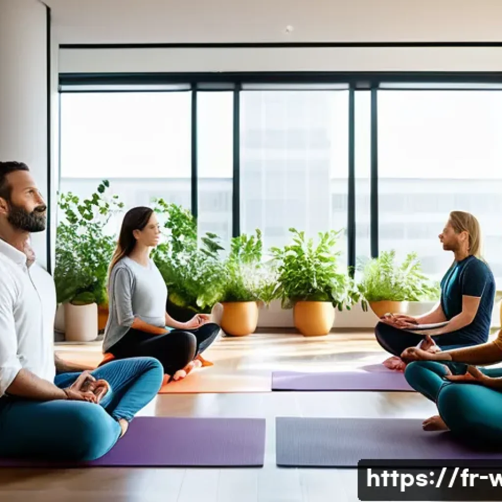 웰빙코디네이터와 건강 프로그램 평가 - A diverse group of French corporate employees in a modern office wellness room, engaging in a guided...
