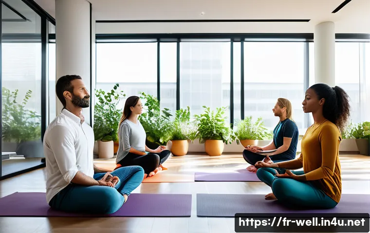 웰빙코디네이터와 건강 프로그램 평가 - A diverse group of French corporate employees in a modern office wellness room, engaging in a guided...