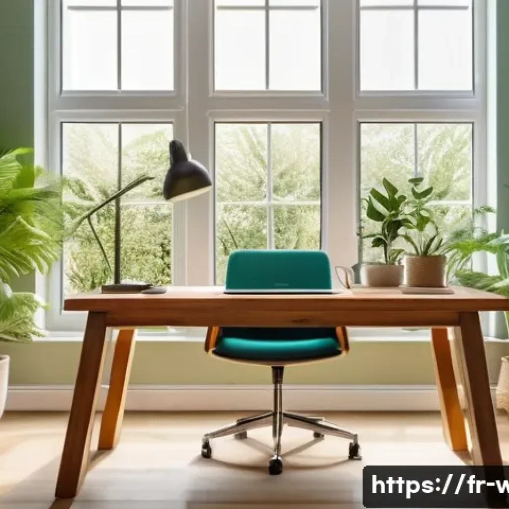 웰빙코디네이터와 건강 지식 강화 - A serene modern home office bathed in natural sunlight, featuring a tidy wooden desk with a laptop, ...