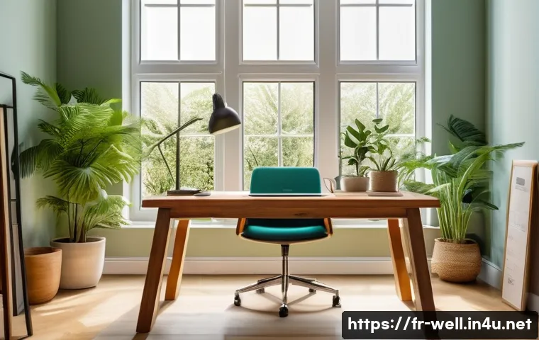 웰빙코디네이터와 건강 지식 강화 - A serene modern home office bathed in natural sunlight, featuring a tidy wooden desk with a laptop, ...