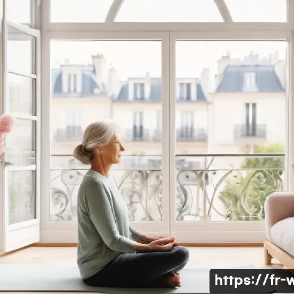 웰빙코디네이터와 건강 목표 설정 기술 - A serene modern French wellness coach in a bright, cozy living room, gently guiding a middle-aged wo...