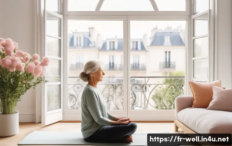 웰빙코디네이터와 건강 목표 설정 기술 - A serene modern French wellness coach in a bright, cozy living room, gently guiding a middle-aged wo...