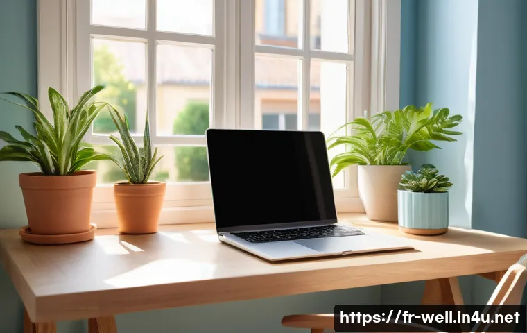 웰빙코디네이터와 건강 지식 학습법 - A serene and bright home office interior designed for holistic well-being: a tidy wooden desk with a...