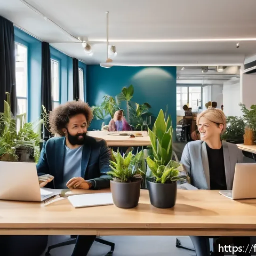 웰빙코디네이터와 기업 복지 컨설팅 - A modern open office space in Paris with diverse employees engaged in a hybrid work setting, some wo...