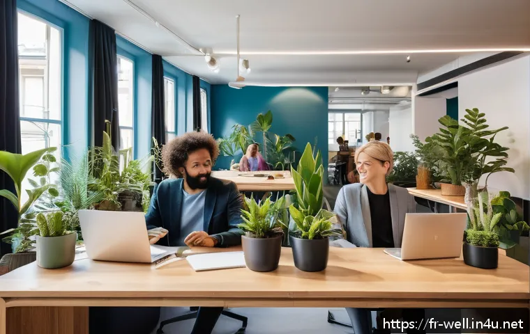 웰빙코디네이터와 기업 복지 컨설팅 - A modern open office space in Paris with diverse employees engaged in a hybrid work setting, some wo...