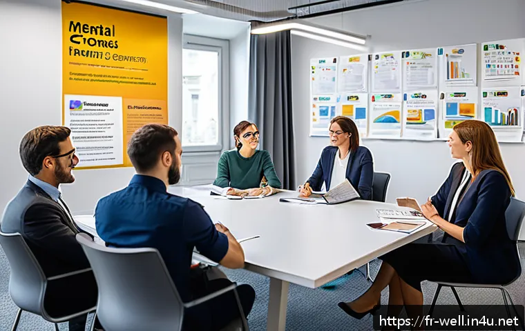 웰빙코디네이터가 알아야 할 법적 사항 - A modern French office environment with diverse employees engaged in a well-being workshop led by a ...