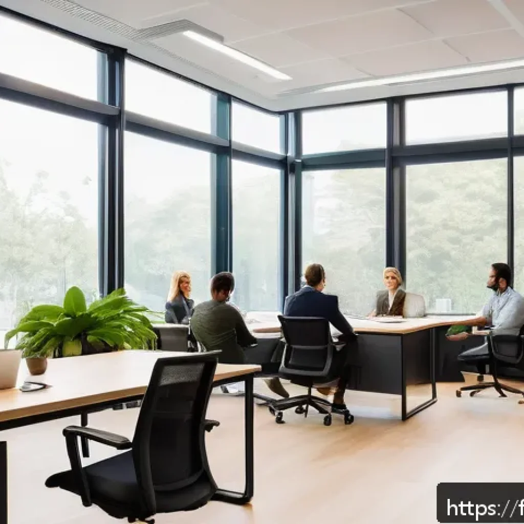 웰빙코디네이터와 팀워크 개선 - A modern, bright office space designed to foster well-being and creativity, featuring ergonomic desk...