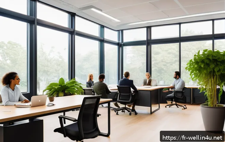웰빙코디네이터와 팀워크 개선 - A modern, bright office space designed to foster well-being and creativity, featuring ergonomic desk...