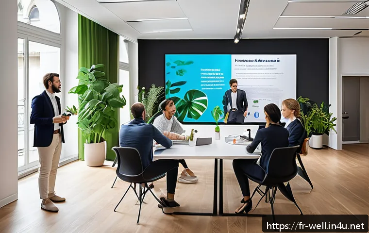 웰빙코디네이터와 건강 캠페인 기획 - A modern open office space in Paris with diverse French employees engaging in a group wellness works...