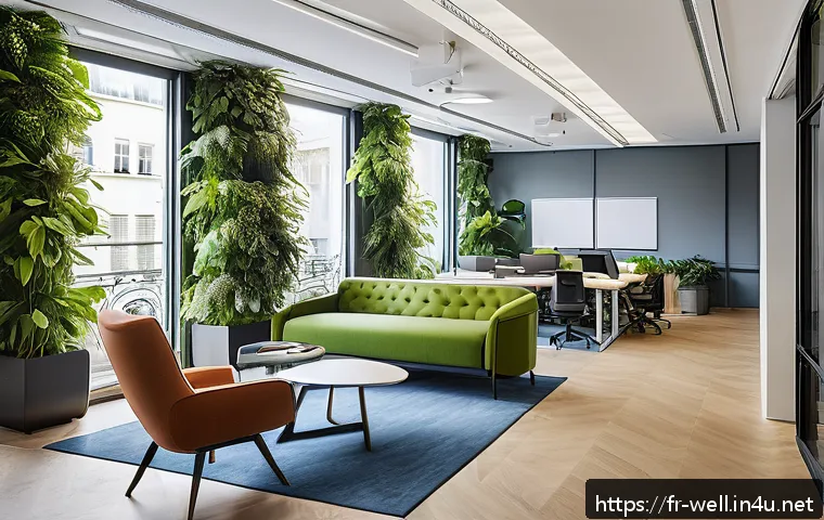 웰빙코디네이터와 비즈니스 모델 개발 - A modern French office interior designed to promote employee well-being, featuring a bright, open-pl...